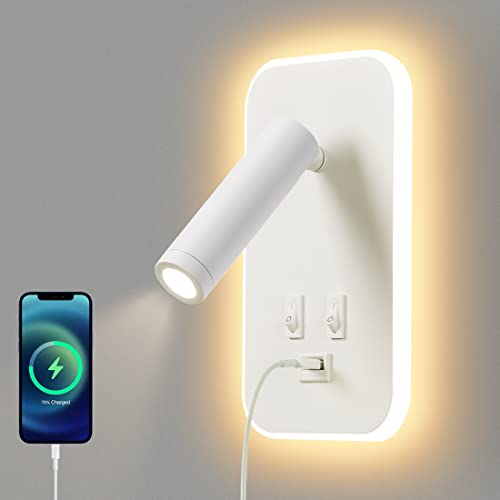 AWEKLIY LED Leselampe Wandlampe USB-Aufladung mit Schalter Verstellbarer Strahler Wandleselampe Bettlampe Nachtlicht Wandleuchte innen Leselicht Schwenkbar Schlafzimmer Hotels（3W 3100K +9W 6000K）Weiß von AWEKLIY