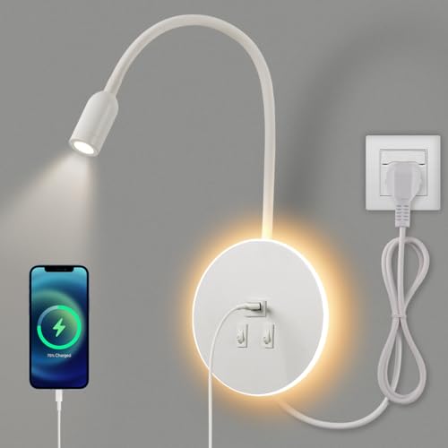 AWEKLIY LED Schwanenhals leselampe wandlampe USB-Aufladung mit schalter verstellbarer Strahler wandleselampe Bettlampe innen Leselicht Schlafzimmer (3W 3000K+8W 6000K) mit Stecker und Kabel,Weiß von AWEKLIY