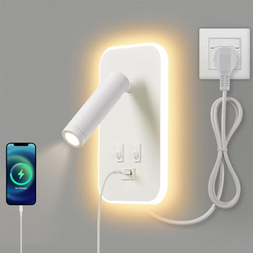 AWEKLIY LED leselampe wandlampe USB-Aufladung mit schalter verstellbarer wandleselampe Bettlampe Wandleuchte innen Leselicht Schwenkbar Schlafzimmer 3W 3100K +9W 6000Kmit Stecker und Kabel, Weiß von AWEKLIY