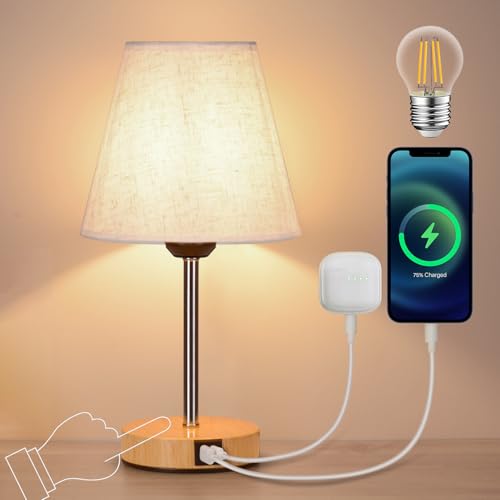 AWEKLIY Nachttischlampe Touch 3-Wege Dimmbar mit USB A+C Ladeanschlüssen, Lampenschirm aus Leinenstoff, Holzmaserung Metallfuß, Tischlampe für Schlafzimmer Wohnzimmer mit Kabel (LED-Birne Inklusive) von AWEKLIY