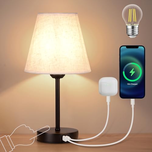 AWEKLIY Nachttischlampe Touch 3-Wege Dimmbar mit USB A+C Ladeanschlüssen, Lampenschirm aus Leinenstoff, Sockel aus Metall, Tischlampe für Schlafzimmer Wohnzimmer mit Kabel(LED-Birne Inklusive) Schwarz von AWEKLIY