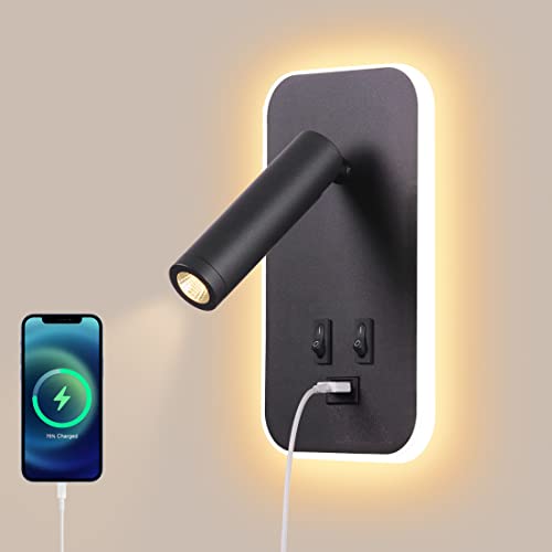 AWEKLIY 3W+9W LED leselampe wandlampe USB-Aufladung mit schalter wandleselampe Bettlampe Nachtlicht innen Leselicht Schwenkbar Wandbeleuchtung Schlafzimmer Hotels Nachttischlampe 3100K Schwarz von AWEKLIY