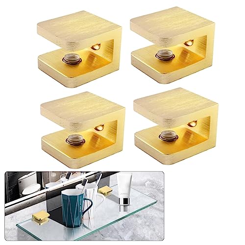 AWEN Verstellbare Glasregalhalterungen, massives Messing, Glasklemme, kein Bohren, Glashalter-Clip-Unterstützung für 8 mm – 10 mm dickes Glas (gebürstetes Messing), 4 Stück von AWEN