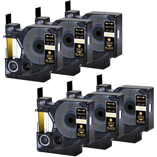 AWGSRZIU 6er-Pack 12 mm Schwarze Etikettenbänder zur kompatiblen Verwendung mit D1 A45024 Ribbons LabelManager 210D 280 360D 420P 450D Etikettendrucker von AWGSRZIU