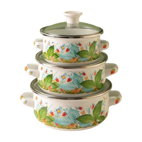 ＡＷＨＡＯ 3 Teiliges Emaille Kochtopf Set mit Deckel, Suppentopf, Eintopf, Mehrzweck Induktionskochgeschirr, Retro Design, Geeignet Zum Kochen, 3 von ＡＷＨＡＯ