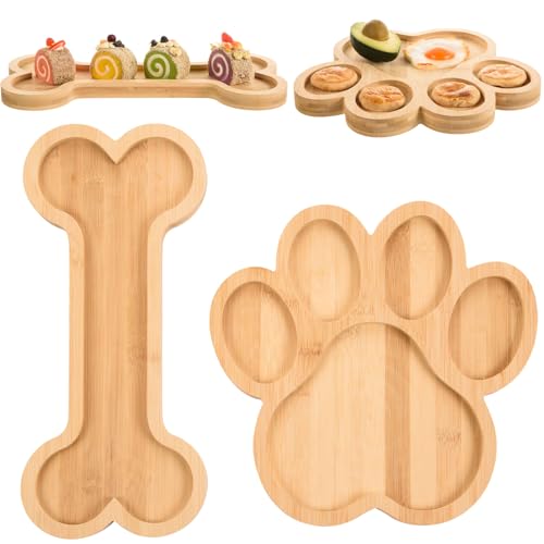2 Stück Bambus-Serviertabletts mit Rillen aus Holz in Hundepfotenknochenform Snackplatten Bambus Charcuterie Board Holz Süßigkeiten Schüssel für Hund Geburtstag Party Zubehör (30 x 30 cm, 16 x 37 cm) von AWIZOM