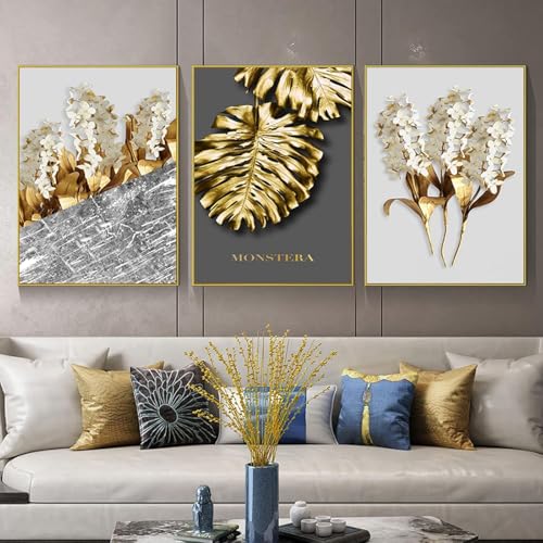 AWKFHF Abstrakte Luxus Golden Leaf Blume Poster Leinwand Bilder Leinwand Malerei Poster Kunstdruck Wohnzimmer Schlafzimmer Wand Deko (3X60X90CM,ohne Rahmen) von AWKFHF