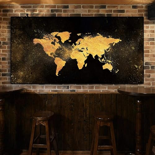 AWKFHF Abstraktes Schwarzes Gold Weltkarte Bilder,Leinwandbild Poster Kunstdruck Wohnzimmer Deko Schlafzimmer Bilder Wanddekoration (80X160CM,ohne Rahmen) von AWKFHF