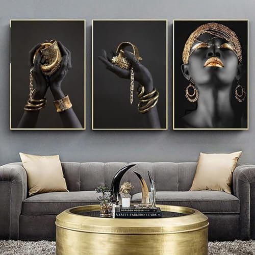 AWKFHF Afrikanische Frau Bilder,Gold Lippen Schwarze Hände Leinwandbild Poster Kunstdruck Wohnzimmer Deko Schlafzimmer Bilder Wanddekoration - ohne Rahmen (3X40X60CM,ohne Rahmen) von AWKFHF