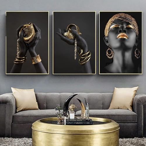 AWKFHF Afrikanische Frau Bilder,Gold Lippen Schwarze Hände Leinwandbild Poster Kunstdruck Wohnzimmer Deko Schlafzimmer Bilder Wanddekoration - ohne Rahmen (3X50X70CM,ohne Rahmen) von AWKFHF