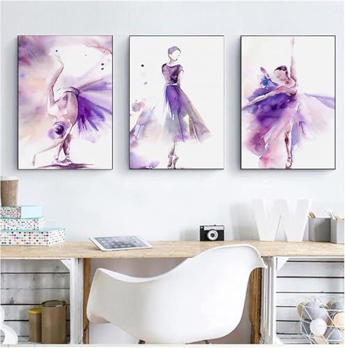AWKFHF Aquarell Lila Balletttänzerin Mädchen Poster Leinwand Bilder Leinwand Malerei Poster Kunstdruck Wohnzimmer Schlafzimmer Wand Deko (3X40X60CM,ohne Rahmen) von AWKFHF