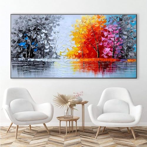 AWKFHF Art Abstrakte Landschaft Seeblick Bunter Baum Bilder Leinwand Malerei Poster Kunstdruck Wohnzimmer Schlafzimmer Wand Deko (70X140CM,ohne Rahmen) von AWKFHF