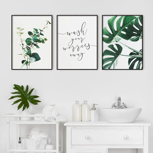 AWKFHF Botanisches Eukalyptus Monstera Blatt Bilder,Wash Your Worries Away Leinwandbild Poster Kunstdruck Wohnzimmer Deko Schlafzimmer Bilder Wanddekoration - ohne Rahmen (3X30X50CM,ohne Rahmen) von AWKFHF