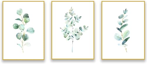 AWKFHF Eukalyptus-Aquarell Bilder,Botanisches Grün Blätter Leinwandbild Poster Kunstdruck Wohnzimmer Deko Schlafzimmer Bilder Wanddekoration (3X30X40CM,ohne Rahmen) von AWKFHF