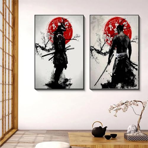 AWKFHF Japanische Samurai Aquarell Bilder,Leinwandbild Poster Kunstdruck Wohnzimmer Deko Schlafzimmer Bilder Wanddekoration (2X50X70CM,ohne Rahmen) von AWKFHF