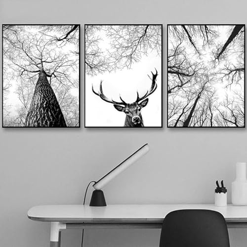 AWKFHF Leinwandbild Bilder Schwarz-weißer Hirsch Baum Waldbaum Poster Kunstdruck Wohnzimmer Deko Schlafzimmer Bilder Wanddekoration - ohne Rahmen (3X60X90CM,ohne Rahmen) von AWKFHF