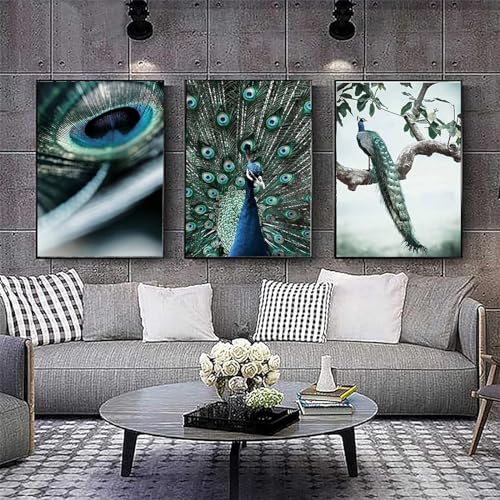 AWKFHF Moderne Blaue Pfau Bilder Leinwand Malerei Poster Kunstdruck Schlafzimmer Wand Deko(Kein Rahmen) (A-03,3X60X90CM) von AWKFHF