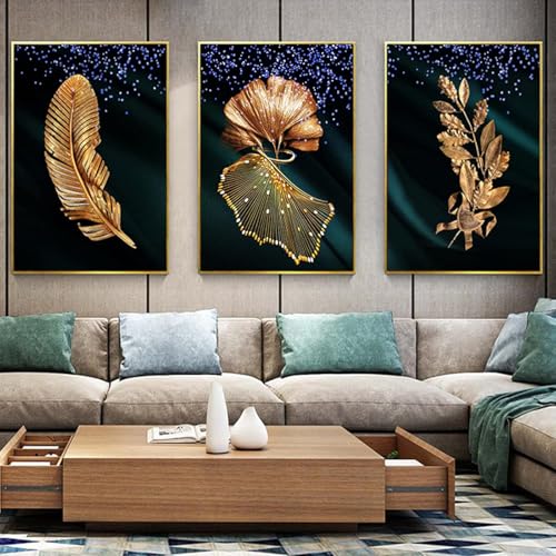 AWKFHF Nordic Luxus Gold Blatt Pflanze Grüne Poster Leinwand Bilder Leinwand Malerei Poster Kunstdruck Wohnzimmer Schlafzimmer Wand Deko (3X20X30CM,ohne Rahmen) von AWKFHF