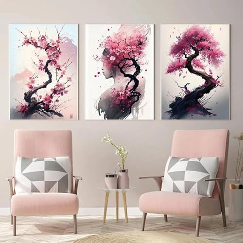 AWKFHF Rosa Aquarell Kirschblüte Bilder Leinwand Malerei Poster Kunstdruck Schlafzimmer Wand Deko(Kein Rahmen) (3X30X50CM) von AWKFHF