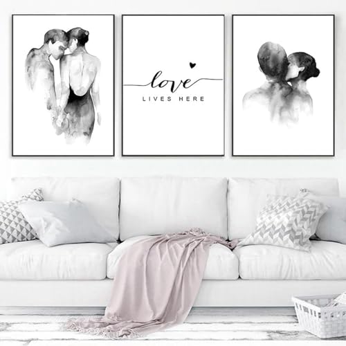 AWKFHF Schwarz-Weiß-Aquarell-Paare Liebe Bilder, Leinwandbild Poster Kunstdruck Wohnzimmer Deko Schlafzimmer Bilder Wanddekoration (3X20X30CM,ohne Rahmen) von AWKFHF