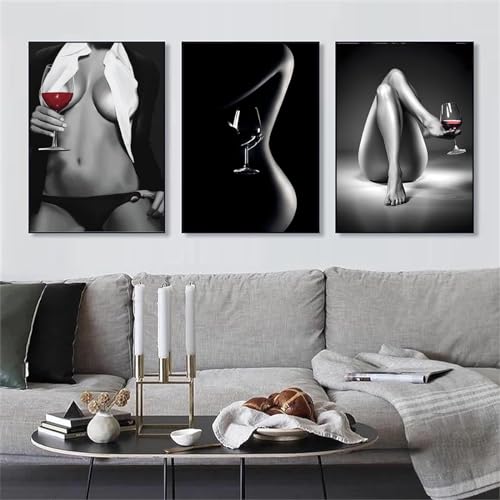 AWKFHF Schwarz Weiß Bilder Sexy Frau mit Weinglas Leinwand Malerei Poster Kunstdruck Schlafzimmer Wohnzimmer Wand Deko(Kein Rahmen) (3X60X80CM) von AWKFHF