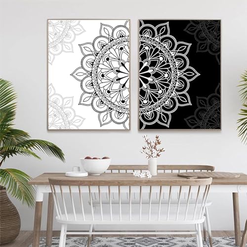 AWKFHF Schwarz Weiß Mandala Abstrakte Bilder,Leinwandbild Poster Kunstdruck Wohnzimmer Deko Schlafzimmer Bilder Wanddekoration (2X40X60CM,ohne Rahmen) von AWKFHF