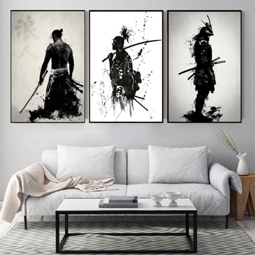 AWKFHF Schwarz-weiße Samurai Bilder,Vintage Leinwandbild Poster Kunstdruck Wohnzimmer Deko Schlafzimmer Bilder Wanddekoration (3X30X40CM,ohne Rahmen) von AWKFHF