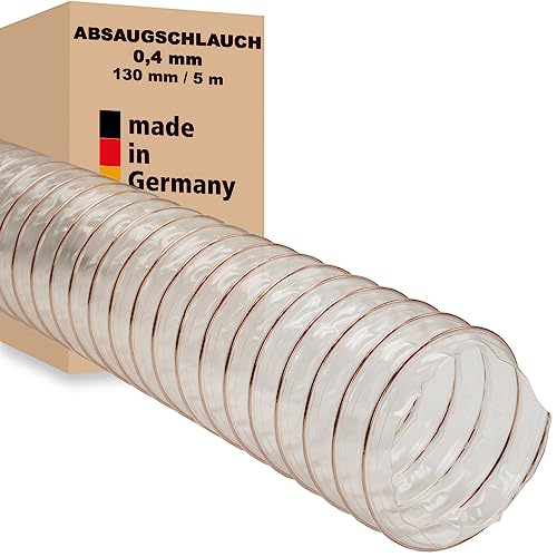 Absaugschlauch 0,4 mm - 130 mm / 5 m transparent für Absauganlage Spiralschlauch schwer entflammbar Stahldrahteinlage Flexschlauch Made in Germany von AWM
