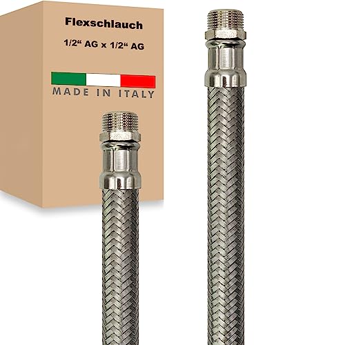 Flexschlauch AG x AG Edelstahl Panzerschlauch Anschlußschlauch Sanitär Armaturenschlauch Hauswasserwerk Made in Italy (1/2" x 1/2" - 300 mm) von AWM