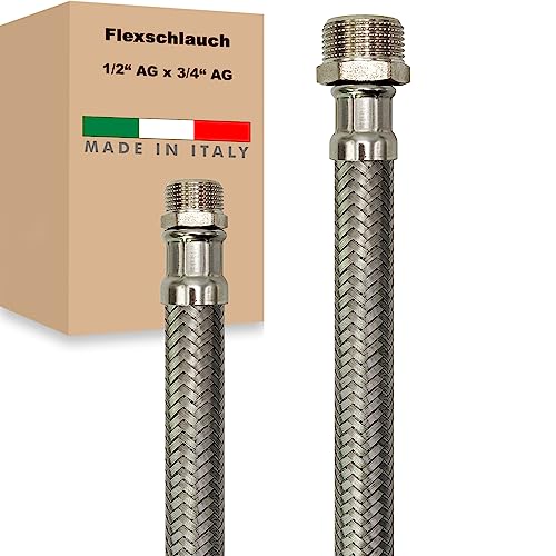 Flexschlauch AG x AG Edelstahl Panzerschlauch Anschlußschlauch Sanitär Armaturenschlauch Hauswasserwerk Made in Italy (1/2" x 3/4" - 300 mm) von AWM