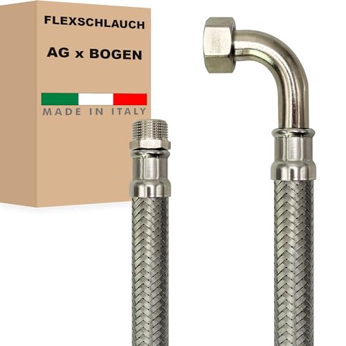 Flexschlauch DN13-1/2" Edelstahl Panzerschlauch Sanitär Hauswasserwerk - Made in Italy (1/2" AG x 1/2" BOGEN, 200 cm) von AWM