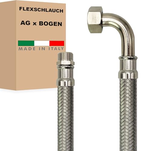 Flexschlauch DN13-1/2" Edelstahl Panzerschlauch Sanitär Hauswasserwerk - Made in Italy (1/2" AG x 3/4" BOGEN, 150 cm) von AWM