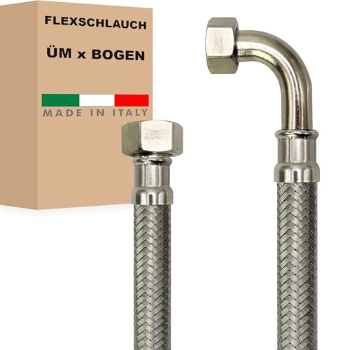 Flexschlauch DN13-1/2" Edelstahl Panzerschlauch Sanitär Hauswasserwerk - Made in Italy (1/2" ÜM x 1/2" BOGEN, 150 cm) von AWM