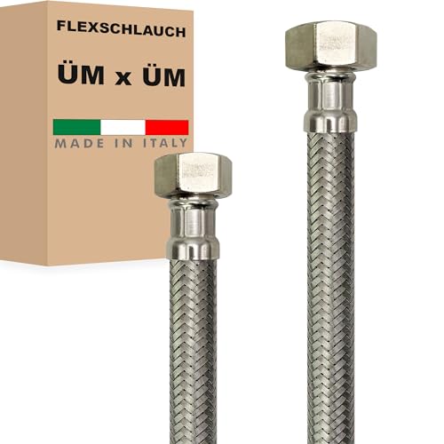 Flexschlauch DN13-1/2" Edelstahl Panzerschlauch Sanitär Hauswasserwerk - Made in Italy (1/2" ÜM x 3/4" ÜM, 120 cm) von AWM