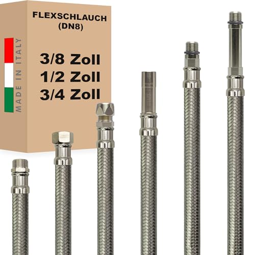 Flexschlauch DN8 3/8" - 1/2" - 3/4" - M10 Edelstahl Panzerschlauch Sanitär WC Bad Dusche Küche - Made in Italy (3/8" ÜM x 3/8" ÜM, 150 cm) von AWM