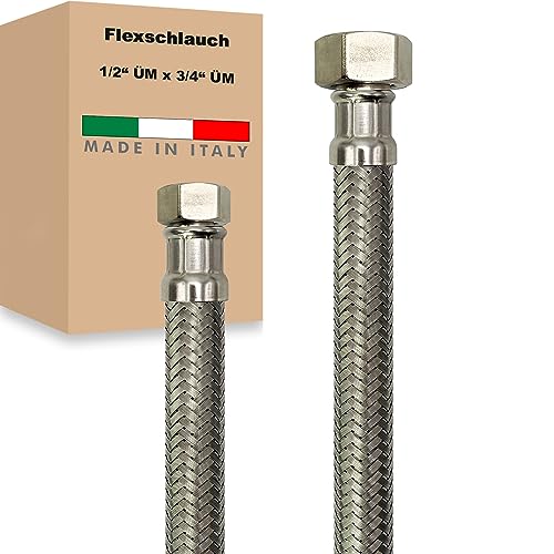 Flexschlauch ÜM x ÜM Edelstahl Panzerschlauch Anschlußschlauch Sanitär Armaturenschlauch Hauswasserwerk Made in Italy (1/2" x 3/4" - 2000 mm) von AWM