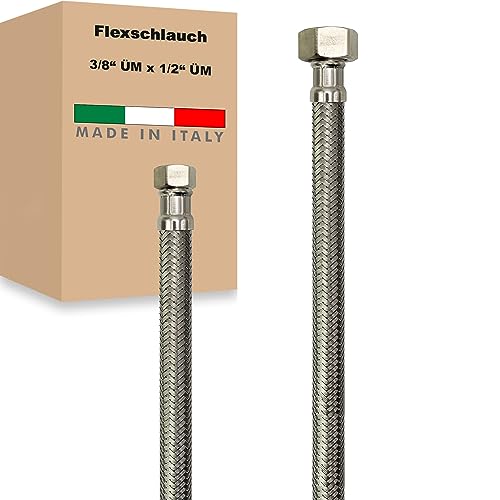 Flexschlauch ÜM x ÜM Edelstahl Panzerschlauch Anschlußschlauch Sanitär Armaturenschlauch Hauswasserwerk Made in Italy (3/8" x 1/2" - 1200 mm) von AWM