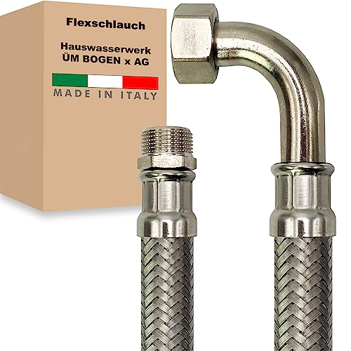 Hauswasserwerk Flexschlauch 1 Zoll Edelstahl Panzerschlauch Anschlußschlauch Sanitär Armaturenschlauch Made in Italy (ÜM BOGEN x AG - 1200 mm) von AWM