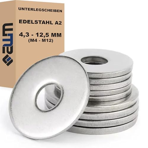 Unterlegscheiben DIN 9054 Edelstahl V2A AISI 304 (rostfrei) Karosseriescheiben (100, 15 x 4,3 x 1 mm = M4) von AWM