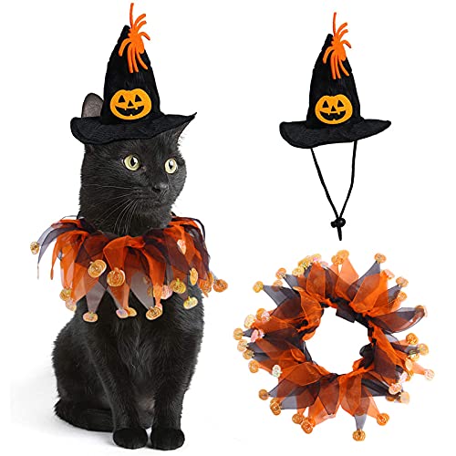 AWOCAN Haustier Halloween Hexenhut Hund Katze Halsband mit Glocke Kragen Kürbis Spinnennetz Raddruck Umhang für Katzen und kleine Hunde Halloween Haustier Kostüm (A) von AWOCAN