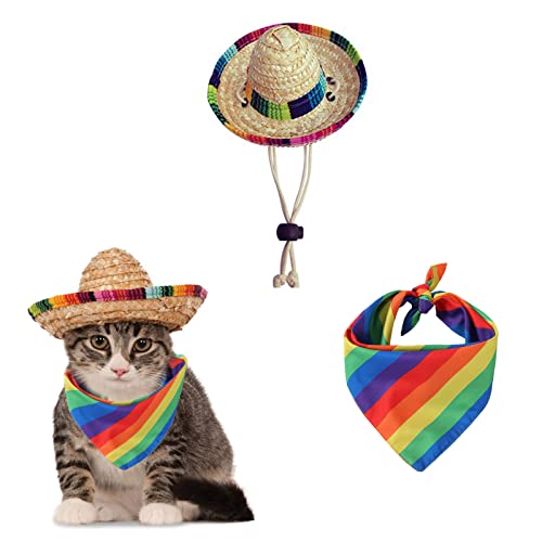 AWOCAN Haustier-Strohhut lustig mexikanische Sombrero Kappe Regenbogen Schal Party Dekorationen für Geburtstag für kleine Haustiere/Welpen/Katze (A) von AWOCAN
