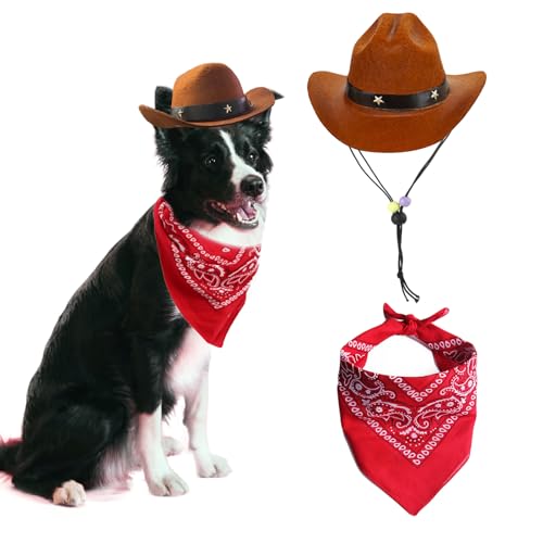 AWOCAN Hund Cowboy Hut und Bandana Schal Hund Katze Sombrero Welpe Hut Hund Katze Kostüm Cosplay Kappe Welpen Haustier Hund Katze Urlaub Haustier Party Dekoration (Kaffee) von AWOCAN