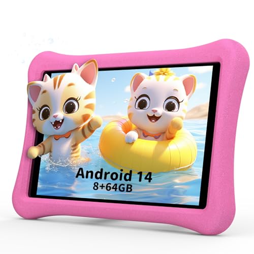 AWOW Android 14 Kinder Kids Tablet HD 10.1”, 2025 Neu 8GB RAM 64GB ROM - Kindertablet Tablet mit Kinder mit Sturzsicherer Hülle Vorinstalliertes, Rosa von AWOW