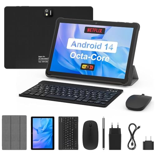 Tablet 10 Zoll mit Tastatur: Android 14 5000mAh Octa-Core 8GB+64GB 1TB TF Tablet PC - WiFi 6 2.4G Bluetooth 5.0 1280 * 800 FHD Dual Kamera mit Maus, Typ C, Adapter, Hülle, OTG-Adapter, Stift von AWOW