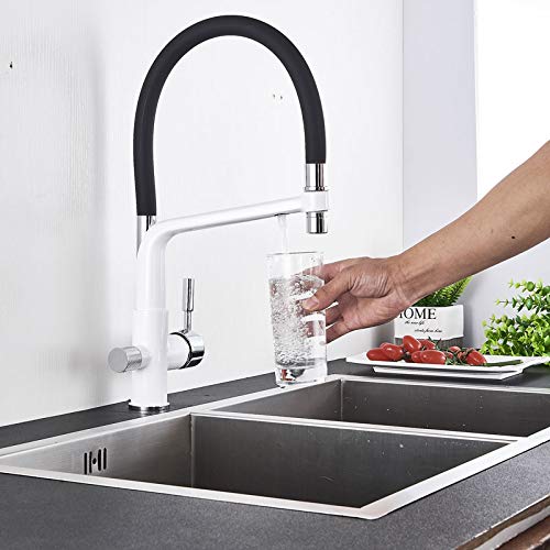 Küchenspülenarmatur for Bar, Bauernhaus, Gewerbe, Chrom/Mattschwarz/Nickel/Weiß, gereinigte Küchenarmaturen, Heiß-Kalt-Dreh-Pull-Down-Mischbatterie mit 2 Ausläufen(Bianco) von AWWVRLMM