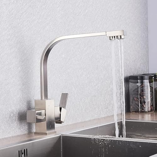 Küchenspülenarmatur for Bar, Bauernhaus, Gewerbe, Küchenwasserfilter, Küchenarmaturen, Doppelauslauf-Filterarmatur, 360-Grad-Drehung, Wasseraufbereitungsfunktion(Brushed Nickle) von AWWVRLMM
