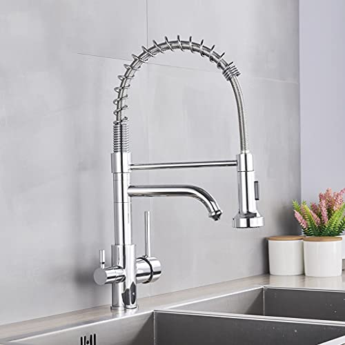 Küchenspülenarmatur for Bar, Bauernhaus, Gewerbe, gebürsteter Küchenhahn mit reinem Wasserfilter, Doppelgriffe for heißes und kaltes Trinkwasser, herausziehbarer Küchenmischer, Kranreinigung(Chroem) von AWWVRLMM