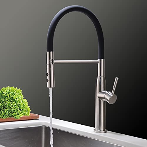 Küchenspülenarmatur for Bar, Bauernhaus, Gewerbe, gebürsteter Nickel-Feder-Küchenspülenhahn, Sprühstrahlauslauf, herunterziehbare Küchenmischer, an Deck montierter Warm- und Kaltwasserhahn von AWWVRLMM