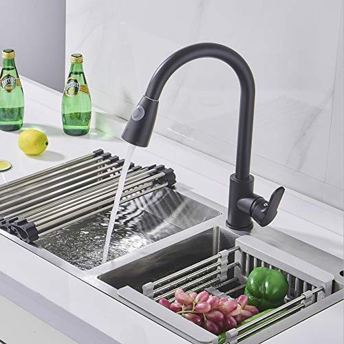 Küchenspülenarmatur for Bar, Bauernhaus, Gewerbe, schwarze Küchenarmaturen, silberner Einhebel-Auszieh-Küchenhahn, Einloch-1-Griff, 360-Grad-Drehhahn(Noir) von AWWVRLMM