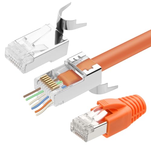 AXFEE RJ45 Stecker Cat7, 20 Stück Netzwerkstecker, Lan Stecker für Verlegekabel, mit Knickschutz Orange & Einführhilfe, Unterstützung 1.35 mm-1.45mm, RJ45 Kupplung, Ethernet Kabel für CAT 7 von AXFEE